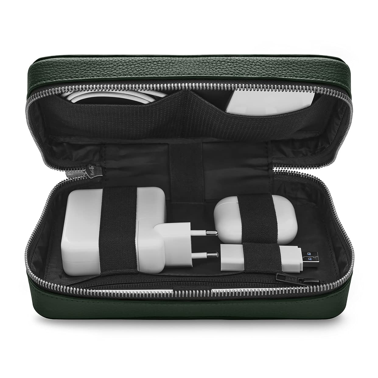 Woolnut Full-Grain Leather Tech Pouch Organizer for Accessories - Green/Travel Cable Organiser Bag and Power Bank Case for Mens Travel Gadgets with Cable Storage