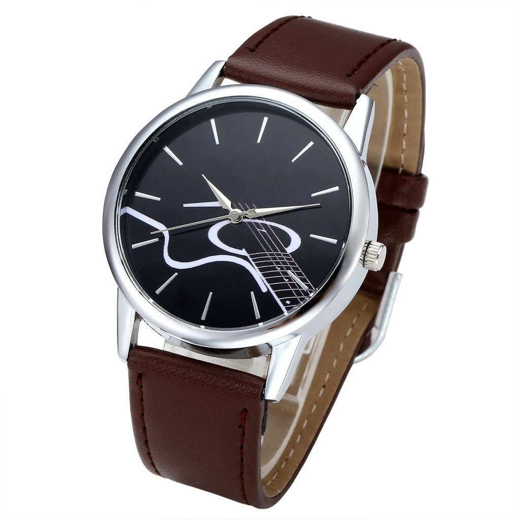 Top Plaza Guitar Dial Musical Instrument Unisex Fashion Analog Quartz Watch with PU Leather Band-Coffee