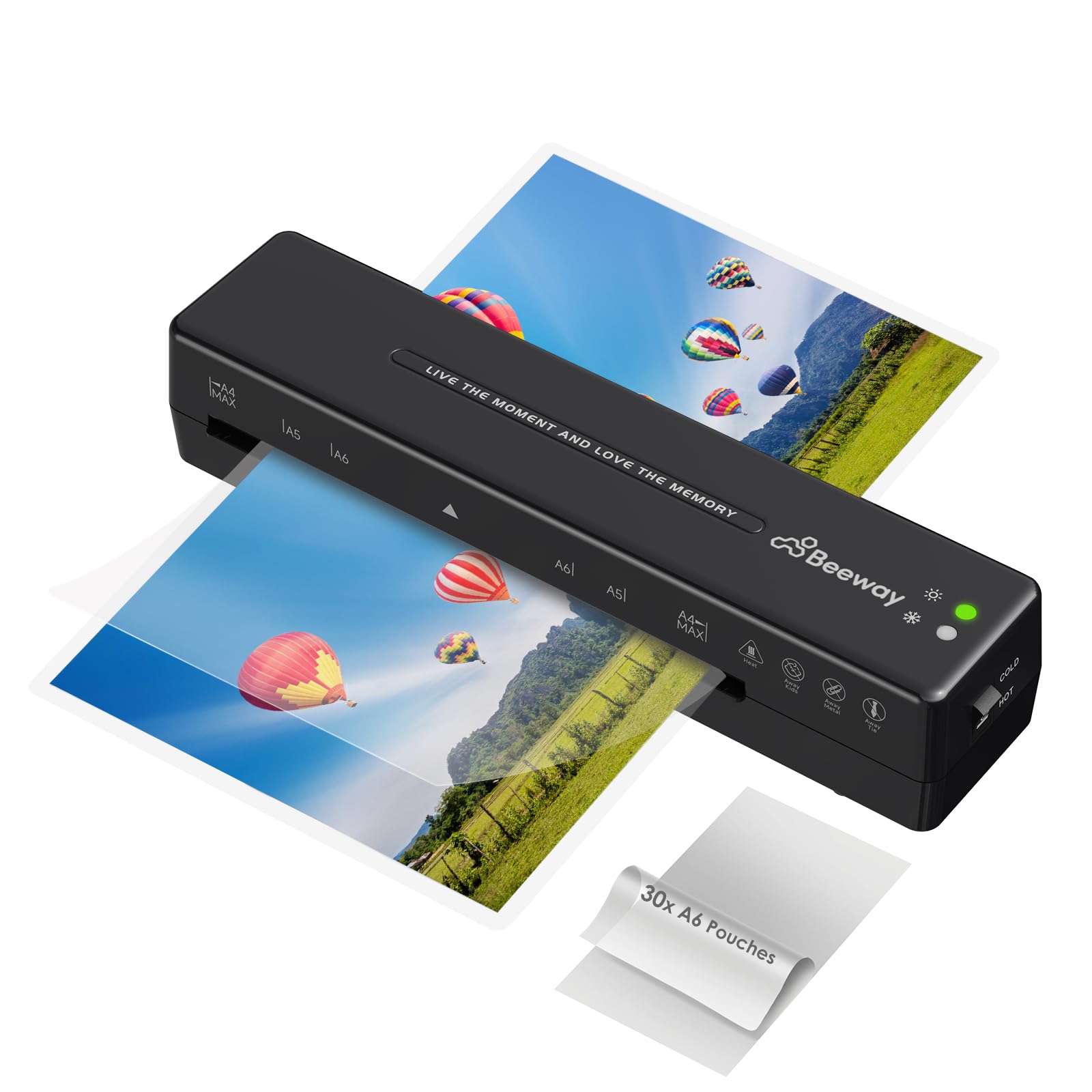 BEEWAY A4 Laminator Machine, Thermal and Cold Laminator for Home Office School Use - Fast Warm Up, High Speed Laminating, Includes 30 A6 Laminating Pouches - Black