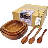 BestySuperStore Tiny Nesting Square Wood Bowls Mix Size 6¼”, 5½”, 4½” Stackable Acacia Wooden Bowl Set with 3 spoons for serving salad dip sauce snack rice pasta cereal Decor Tableware Nest Dish Sets