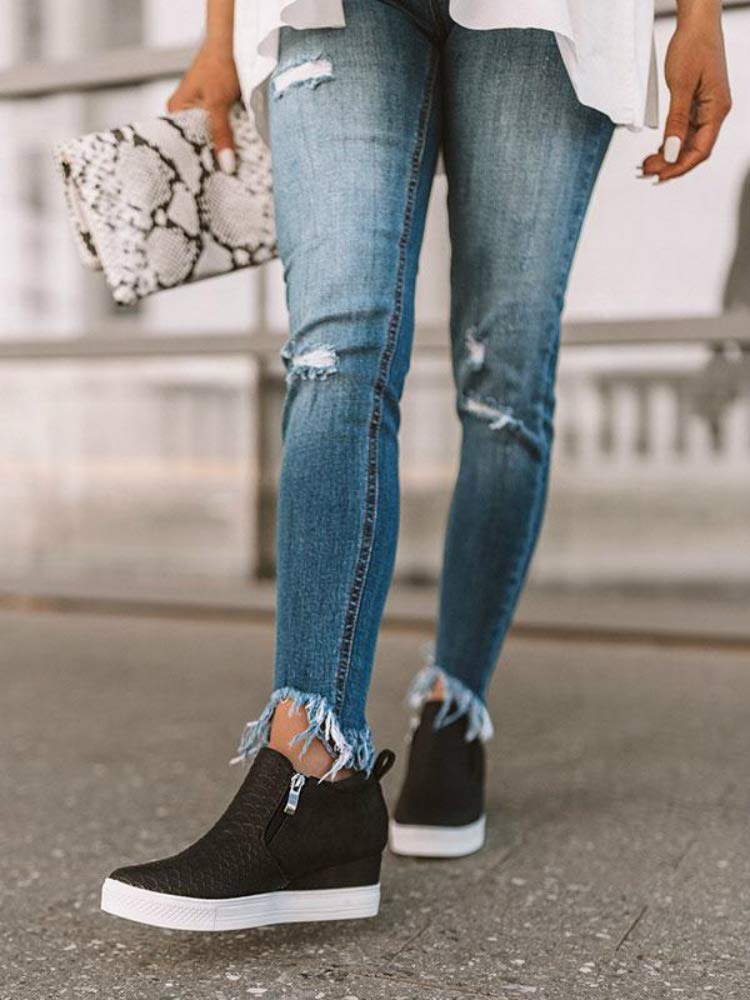 LAICIGO Women’s Hidden Wedge Platform Sneakers Side Zipper Slip-on Closed Toe Faux Leather Ankle Booties - Image 3