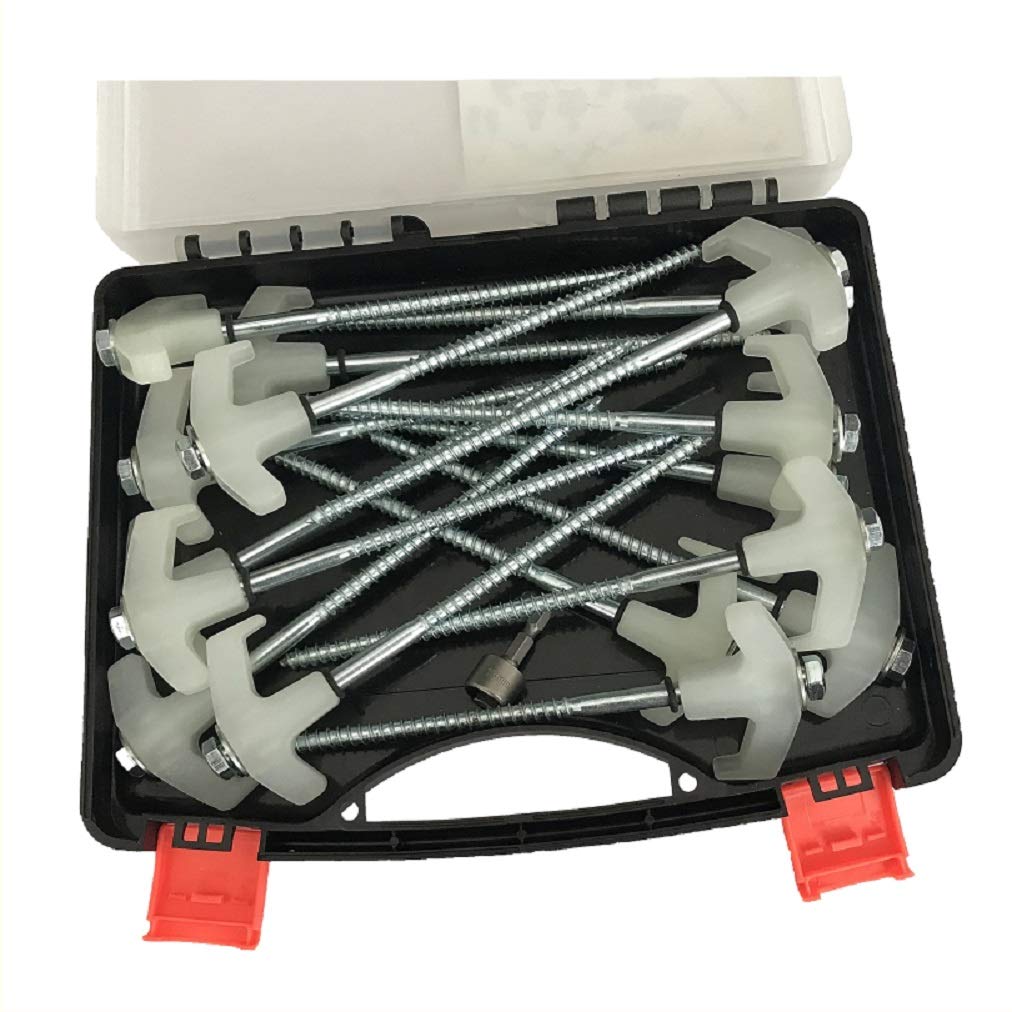 AmazamA Screw in Tent/Awning/Canopy Stakes/Pegs/Anchors, 16 Electro-Galvanized Threaded Stakes, Hex Head Driver, with Glow-in-The-Dark Tops of Heavy Duty Plastic, in a Convenient Carry-case