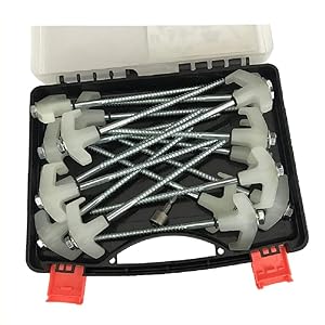 AmazamA Screw in Tent/Awning/Canopy Stakes/Pegs/Anchors, 16 Electro-Galvanized Threaded Stakes, Hex Head Driver, with Glow-in-The-Dark Tops of Heavy Duty Plastic, in a Convenient Carry-case