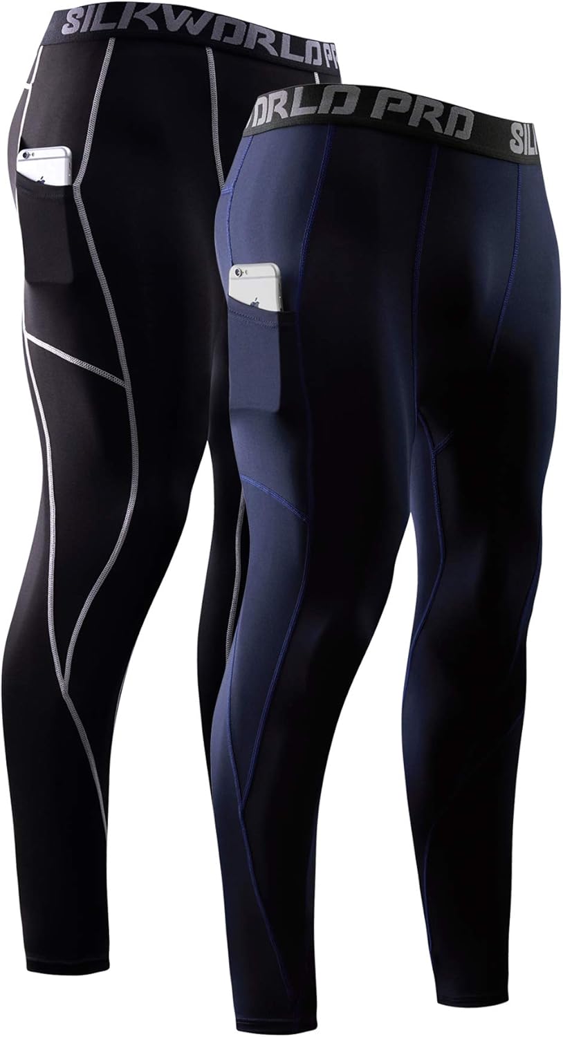SILKWORLD Men's 1~3 Pack Compression Pants Pockets Dri Fit Gym Leggings Baselayer Running Tights at  Men’s Clothing store