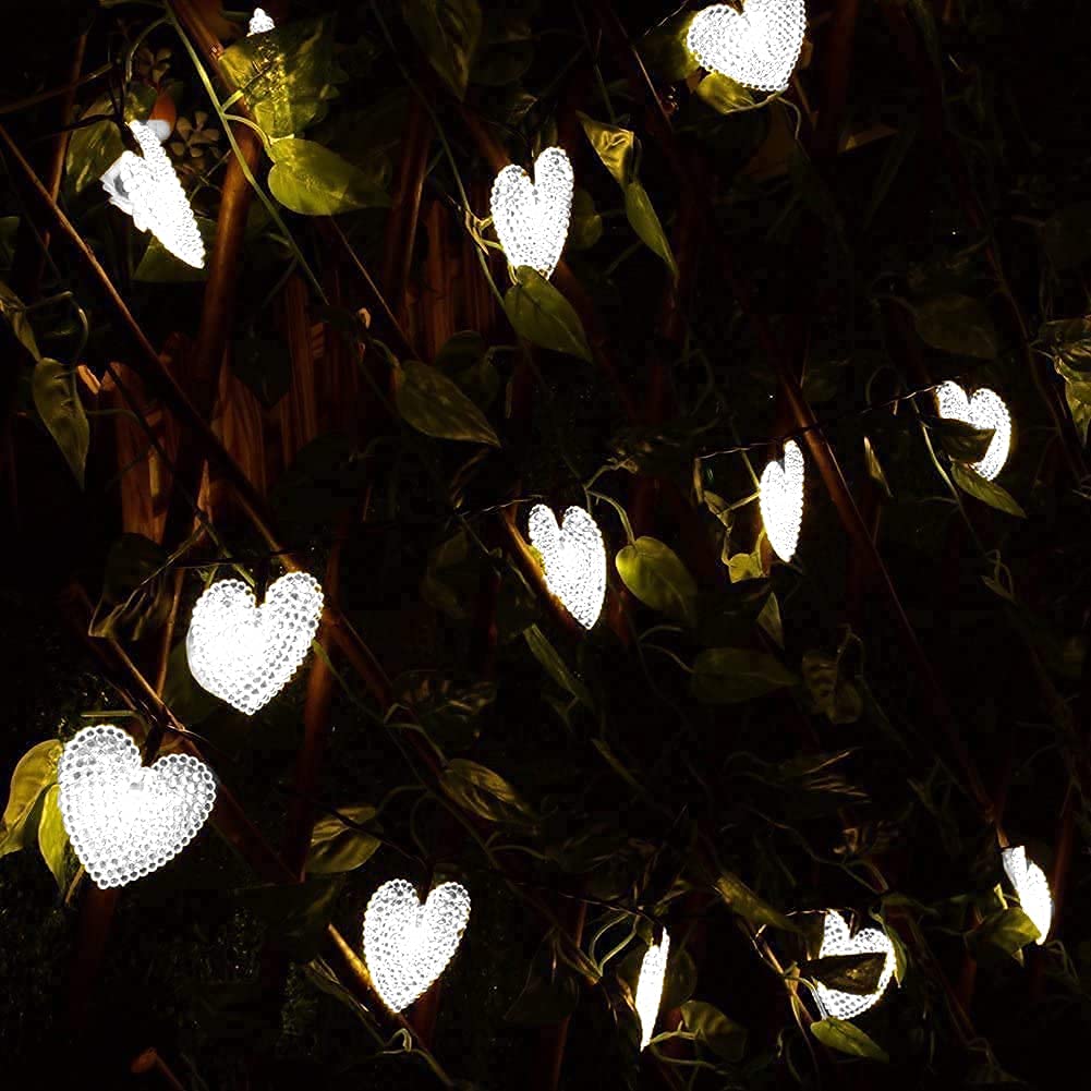 Outdoor Solar String Lights,KINGCOO 20ft 30 LED Love Heart Shape Waterproof Christmas Solar Starry Fairy Decorative String Lights with 8 Modes for Halloween Garden Wedding Party Home Patio (White)
