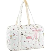 Coquette Bag with Ribbon Pearl Bow - Cute Bear Pattern Travel Bag,Quilted Duffle Bag with Bears for Women Girls,Bear Tote Storage Bags,Coquette Aesthetic,Cartoon Weekend Bags for Travel Trip Work