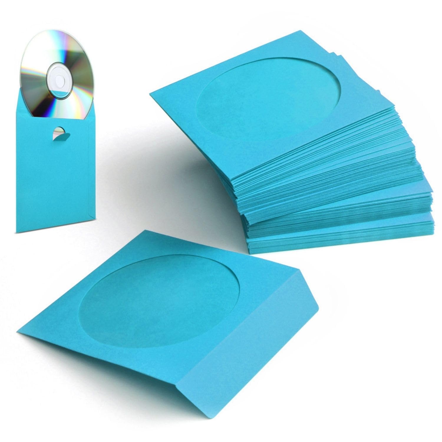 Flexzion DVD CD Sleeves 100 Pack - Premium Paper CD Sleeves for Blank CDs for Burning Music Movie Video Game Disc - Thick Disc Sleeve CD Envelopes Storage with Window Cutout and Flap, Blue