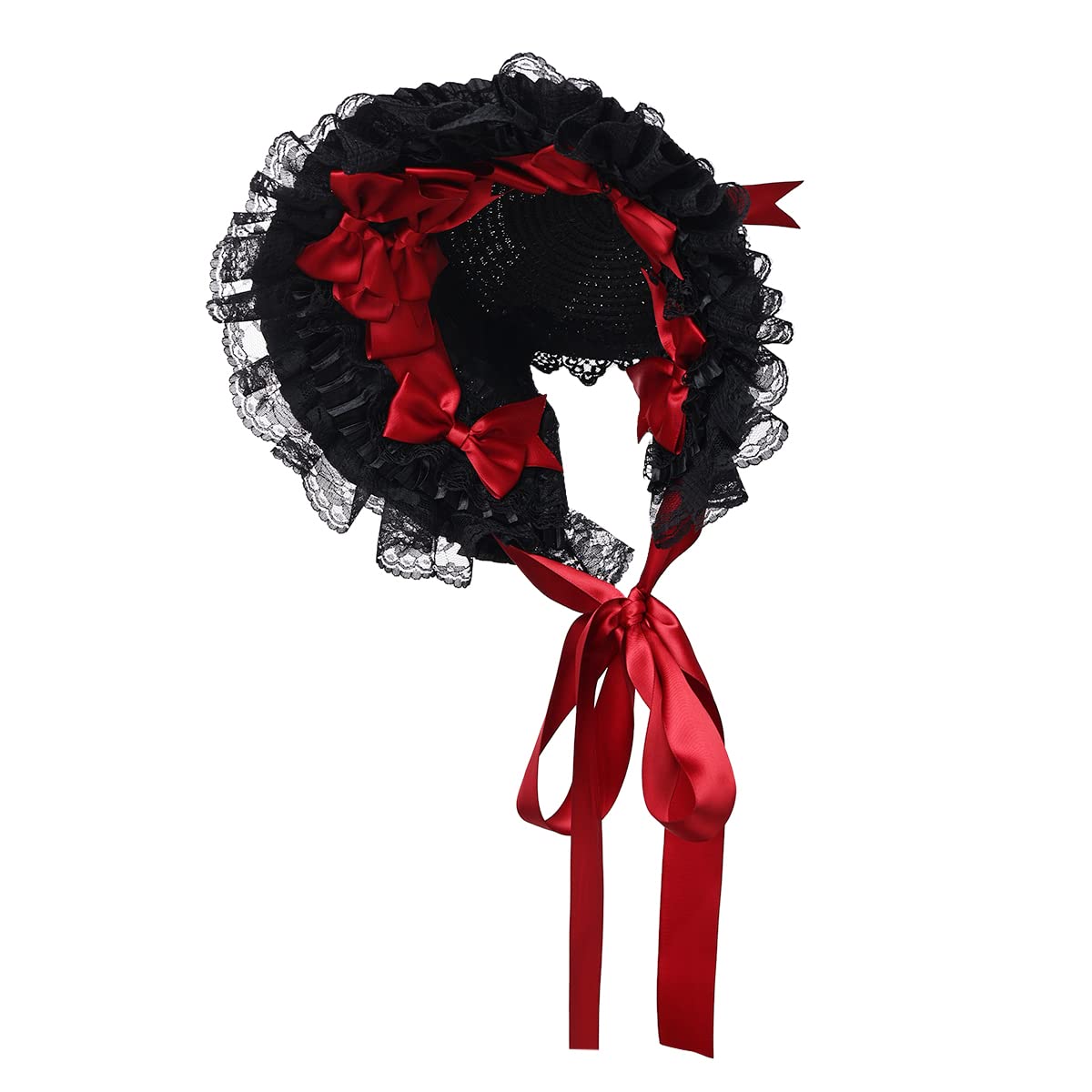COSDREAMER Girls Women Victorian Bonnets Lace Flowers Tea Party Hats (Black red) — image 1