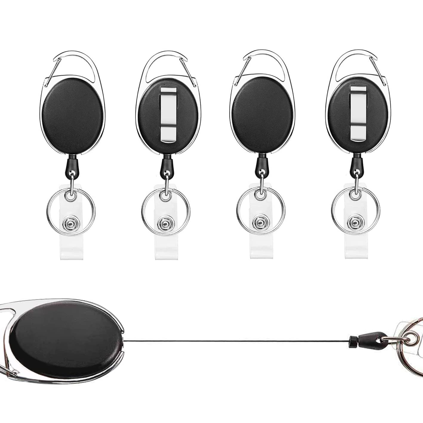 Extendable Lanyard, Pack of 4, Retractable ID Card Holder, with Key Ring, Belt Clip, Key Ring, Extendable Strong, for Card Holder, ID, Keys, ID Card Holder (Black, Pack of 4)