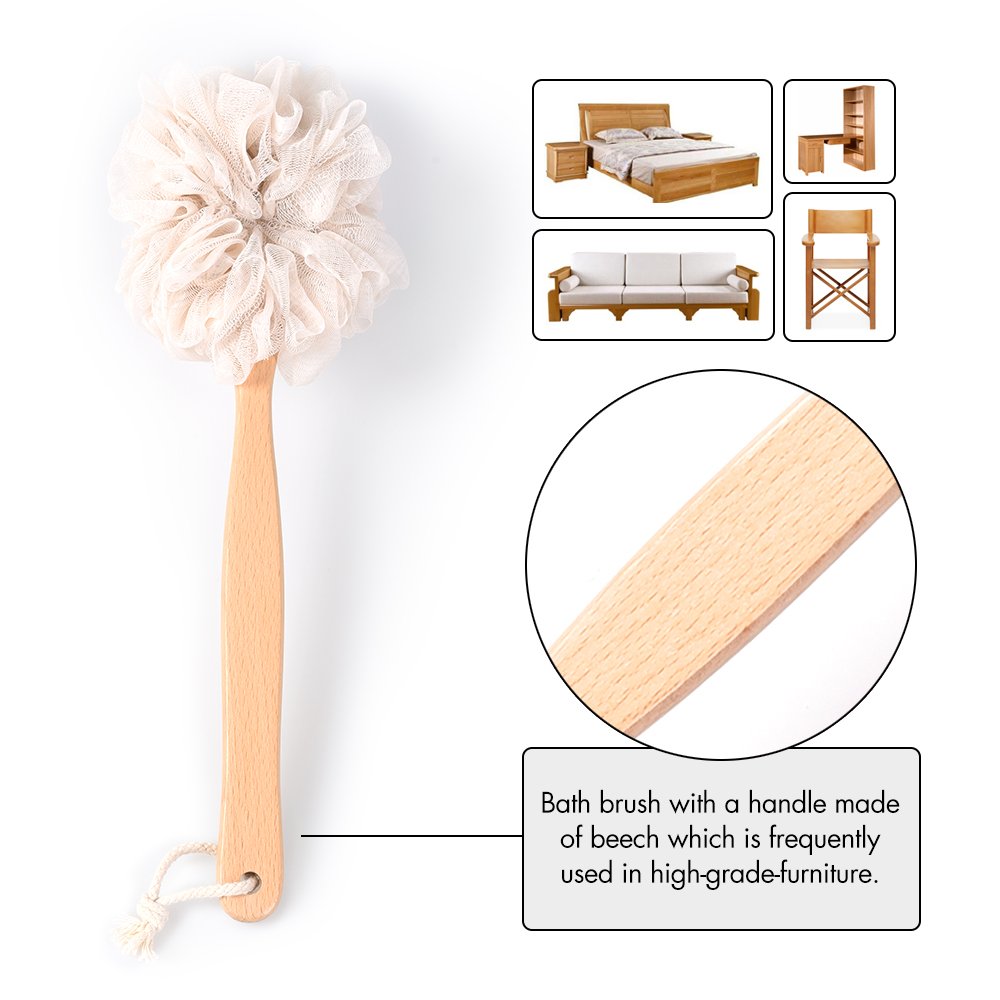Bath Sponge & Brush Long Handled Loofah Back Scrubber Shower & Bath Exfoliating Pouf Scrubber on a Stick Body Back Brush with a Wood Handle Loofah Mesh for Men & Women By Krramel (Champagne)