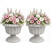 Usocik 10 Inch Outdoor Urn Planters, 2 Pack Pedestal Flower Pots | Lightweight stone-gray PP resin, easy to arrange across patios, garden paths, weddings and indoor or outdoor events