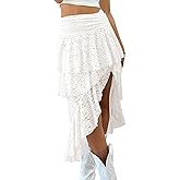 Yousify Womens Lace Midi Skirts High Waist Y2K Asymmetrical Layered Flowy Fairy Skirts Floral Beach Long Skirt