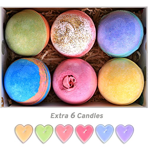 Bath Bombs Gift Set Huge 5Oz Bath Bombs, Natural Vegan and Handmade, 6 Assorted Bath Bombs Including 6 Candles