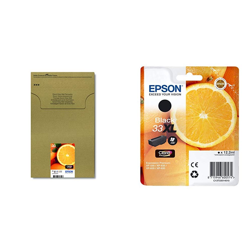 Epson 33 EasyMail Claria Premium Ink, Five Colours, Multipack &C13T33514012 33 X-Large Claria Oranges Premium Ink Cartridge, Black, Genuine