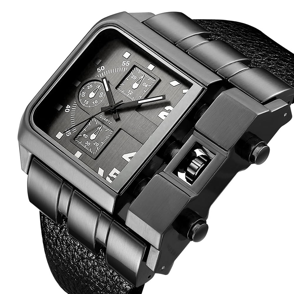 Reginald Hip hop Men's Watch Big Face Watch for Men Square Novel Face Dial Stainless Steel Quartz Leather Strap WristWatches
