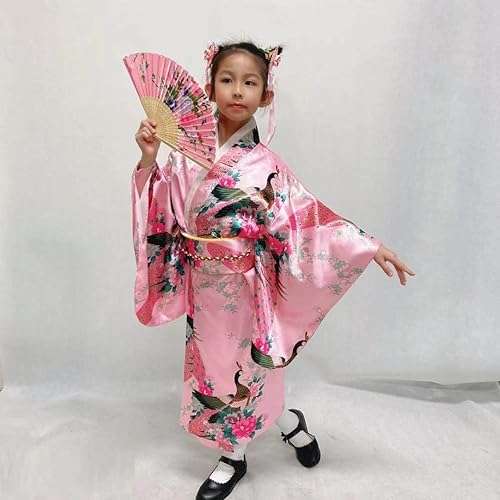 Japanese Traditional Dress Kimono Robe for Kids Girls Costume Silk Folding  Fans hairstick Set(Pink100cm)