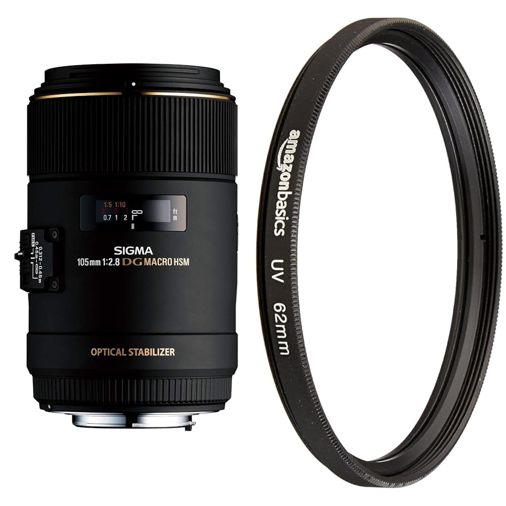 Sigma 105mm F2.8 EX DG OS HSM Macro Lens for Nikon DSLR Camera & Amazon Basics UV Protection Filter - 62 mm
