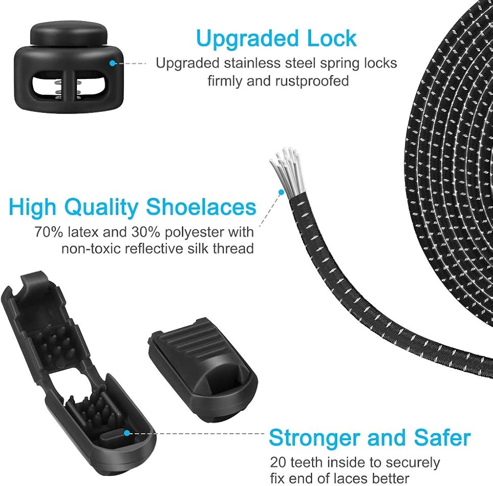 AMLY 4 Pairs of Elastic No Tie Shoelaces, Upgraded Lock, Reflective Shoe Laces for Kids and Adults (Black- Black-Black-Black): Shoes