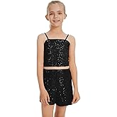 CharmWM Sparkly Sequin Shorts Sets for Girls Sleeveless Tank Top Crop Dance Blouse with High Waisted Short 3-14 Years