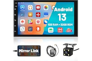 Hikity Android 13 Double Din Car Stereo 7 Inch Touch Screen Car Radio GPS Navigation WiFi Bluetooth FM Radio Mirror Link for iOS/Android Phones, with 12 Led Lights AHD Rear View Camera Mic