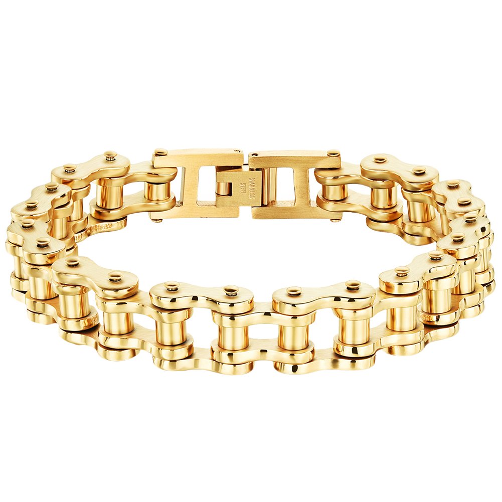 Cupimatch Cool Silver Stainless Steel Motorcycle Biker Chain Bracelet Punk Rock Link Wristband for Men, 8.5" (Gold) — image 1