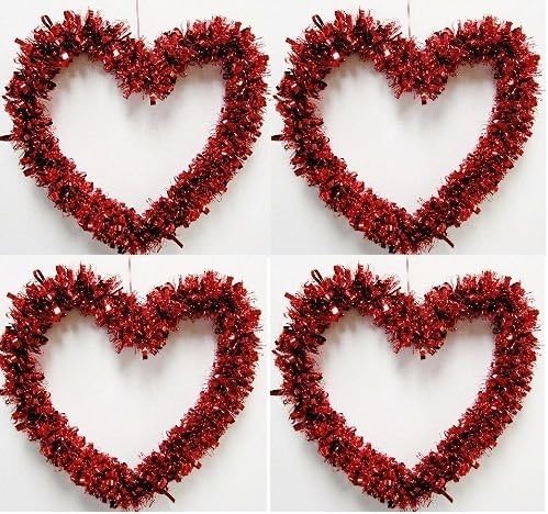 4 Set of Small 5" Valentine's Day Wreath RED Heart Tinsel Ornaments Hanging decoration