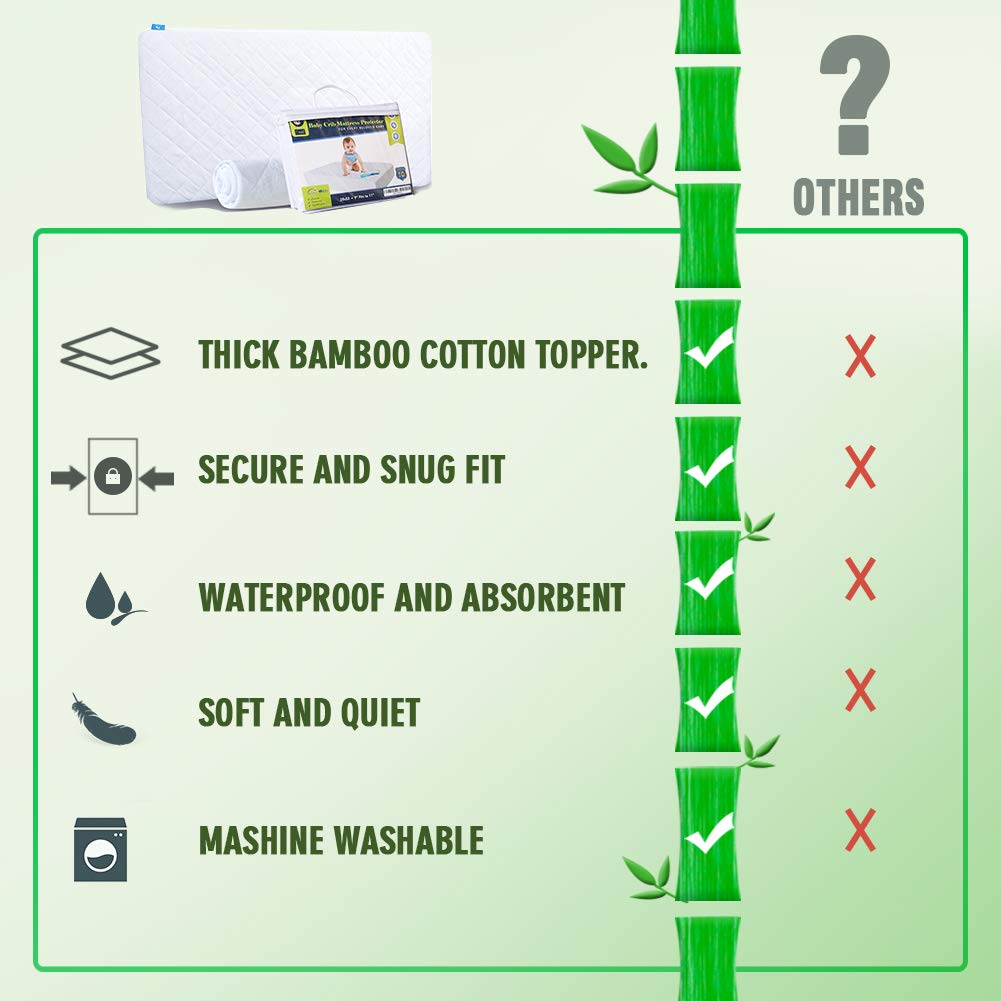 2 Pack Quilted Fitted Waterproof Crib Mattress Protector, Soft Breathable Organic Bamboo Baby Waterproof Mattress Pad, Natural Vinyl Free Mattress Cover for Stains Proof : Baby