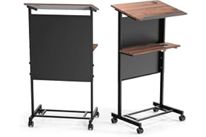 VINGLI 24in Wide Black&Brown Portable Podium Stand, Height Adjustable Lectern Podium with Shelf and Cup Holder for Reports, Mobile Stand Up Lectern, Rolling Pulpits for Church with Edge Stopper
