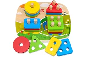 Dreampark Montessori Educational Toddler Toys for Boys Girls Age 1 2 3 4 Years Old and Up, Wooden Shape Color Recognition Preschool Stack and Sort Geometric Board Blocks for Kids Children, Non-Toxic