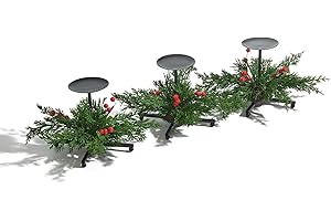 Heleze Christmas Candle Holder Set of 3, Black Iron Candle Tray Holders with Faux Cedar Red Berries, 7.1 Inch Decorative Metal Stand for Table Centerpiece Mantle Xmas Decor