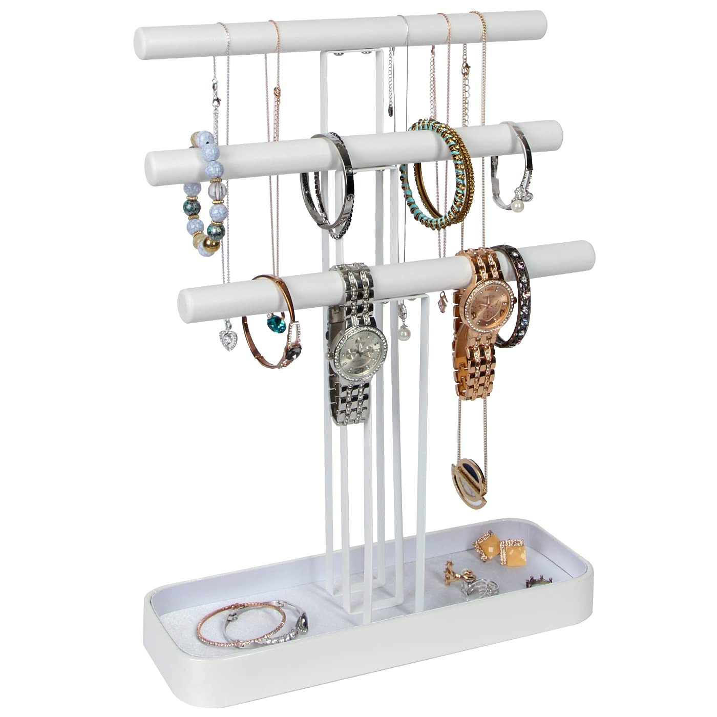 JackCubeDesign Wood 3 Tier Jewelry Display Stand Tree Organizer Bracelet Necklace Holder Rack Hanger Tower with Leather Earring Ring Tray Storage Tabletop(White, 12 x 4.5 x 16.3 inches) – :MK413B