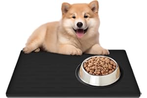 CINEZUN Silicone Pet Feeding Mat for Dogs & Cats, 16" x 10" Waterproof Non-Slip Dog Bowl Mat with High Raised Edge to Prevent Spills, Easy Clean Pet Food Mat for Floors, Black