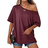 Tankaneo Womens Oversized Off The Shoulder T Shirt Cotton Short Sleeve Casual Tunic Tops Summer Loose Fit Flowy Tees