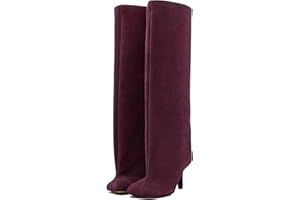 VOZTOLLS Women's Knee High Suede Boots for Women Wide Calf Square Toe Stiletto Heels Tall Boots Pull On High Heel Long Booties