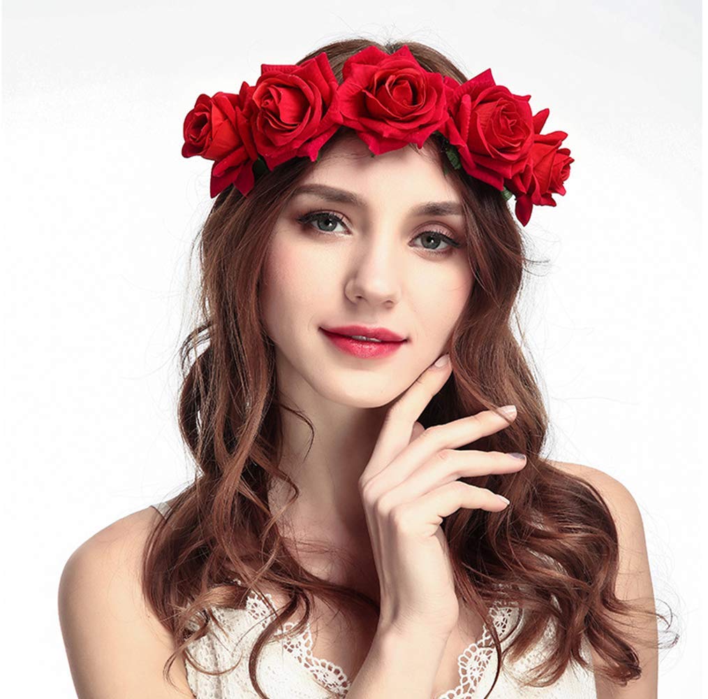 Bohemia Floral Headband,Floral Garland Rose Flower Headband Hairband Wedding Hair Garland Headpiece (Red)