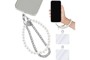 AMAXIU cobee Pearl Beaded Phone Wrist Strap, Anti Lost Stainless Steel Phone Chain Lanyards Double Chains Hand Wrist Straps with 2pcs Tether Tabs for Women Men Mobile Phone Wallet Keychain Camera Earphone
