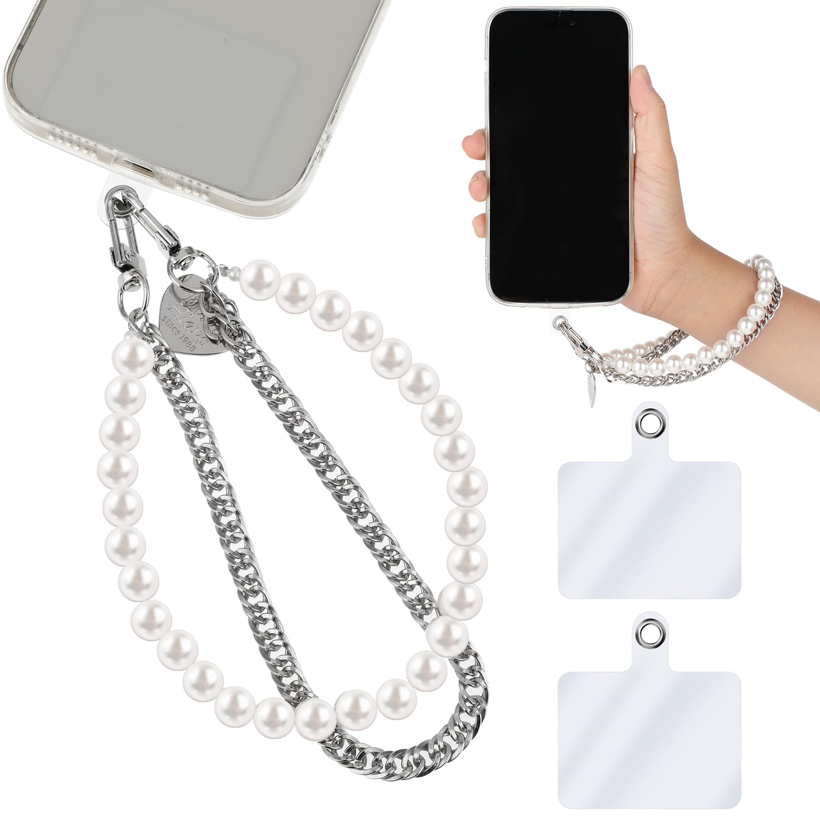 Amaxiu Pearl Beaded Phone Wrist Strap, Anti Lost Stainless Steel Phone Chain Lanyards Double Chains Hand Wrist Straps with 2pcs Tether Tabs for Women Men Mobile Phone Wallet Keychain Camera Earphone