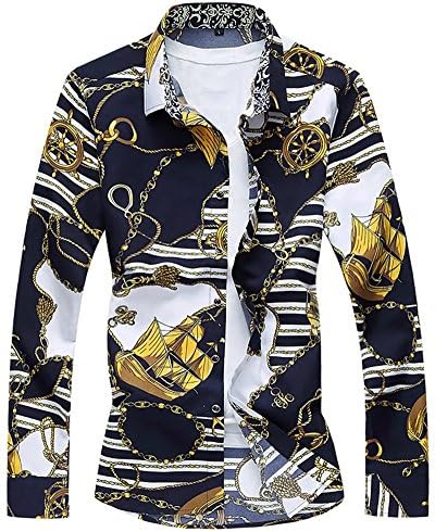 WELITY Men's Long Sleeves Fashion Anchor Stripes Print Button Down Dress Shirt , #2 Color, TAG 5XL, US US XL/46R