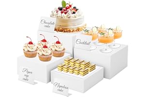 THMINS 4 Pcs White Buffet Risers with Mini Signs,Acrylic Food Risers for Buffet Table,Display Stand for Dessert,Jewelry,Figures show,Cube Display Base with Hollow Bottoms (6",6.5",7",8")