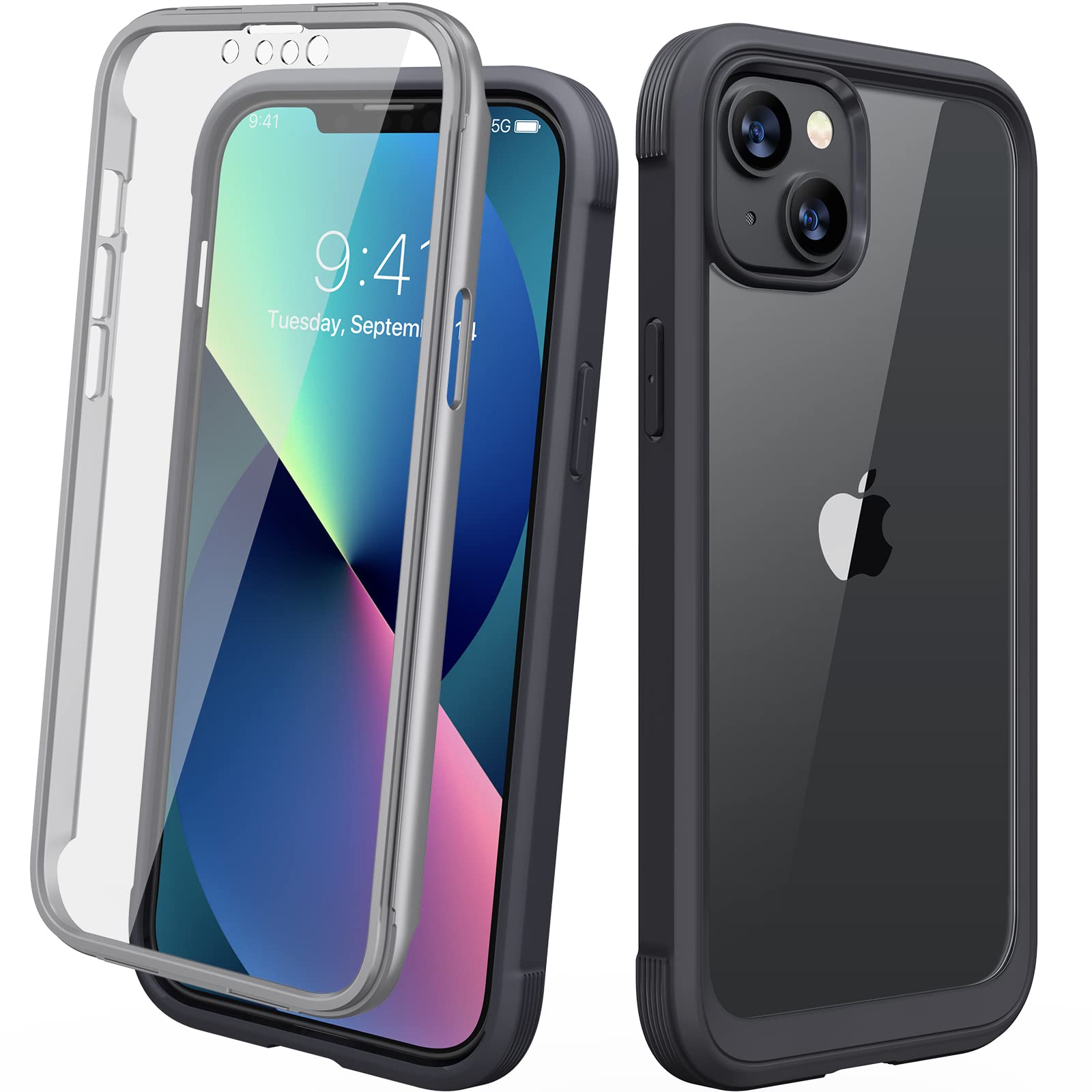 Diaclara Compatible with iPhone 13 Case, 360° Full Body with Built-in Screen Protector Touch Sensitive Shockproof Bumper Case Cover Clear-Back Designed Compatible for iPhone 13 6.1"-Black — image 1
