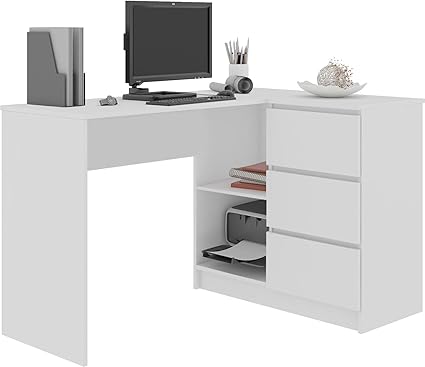 Bureau D Angle Megaastore Avec Etagere Et 3 Tiroirs Blanc Droit Amazon Fr Cuisine Maison