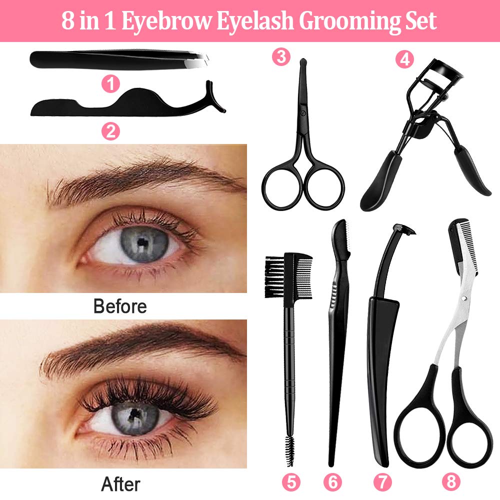 8 in 1 Eyebrow Grooming Set, EBANKU Eyebrow Razor Eyebrow Scissors Eyebrow Tweezer Eyebrow Comb Eyebrow Scraping Nose Hair Scissors Eyelash Curler False Eyelashes Applicator Tool Eyebrow Tools Kit: Beauty