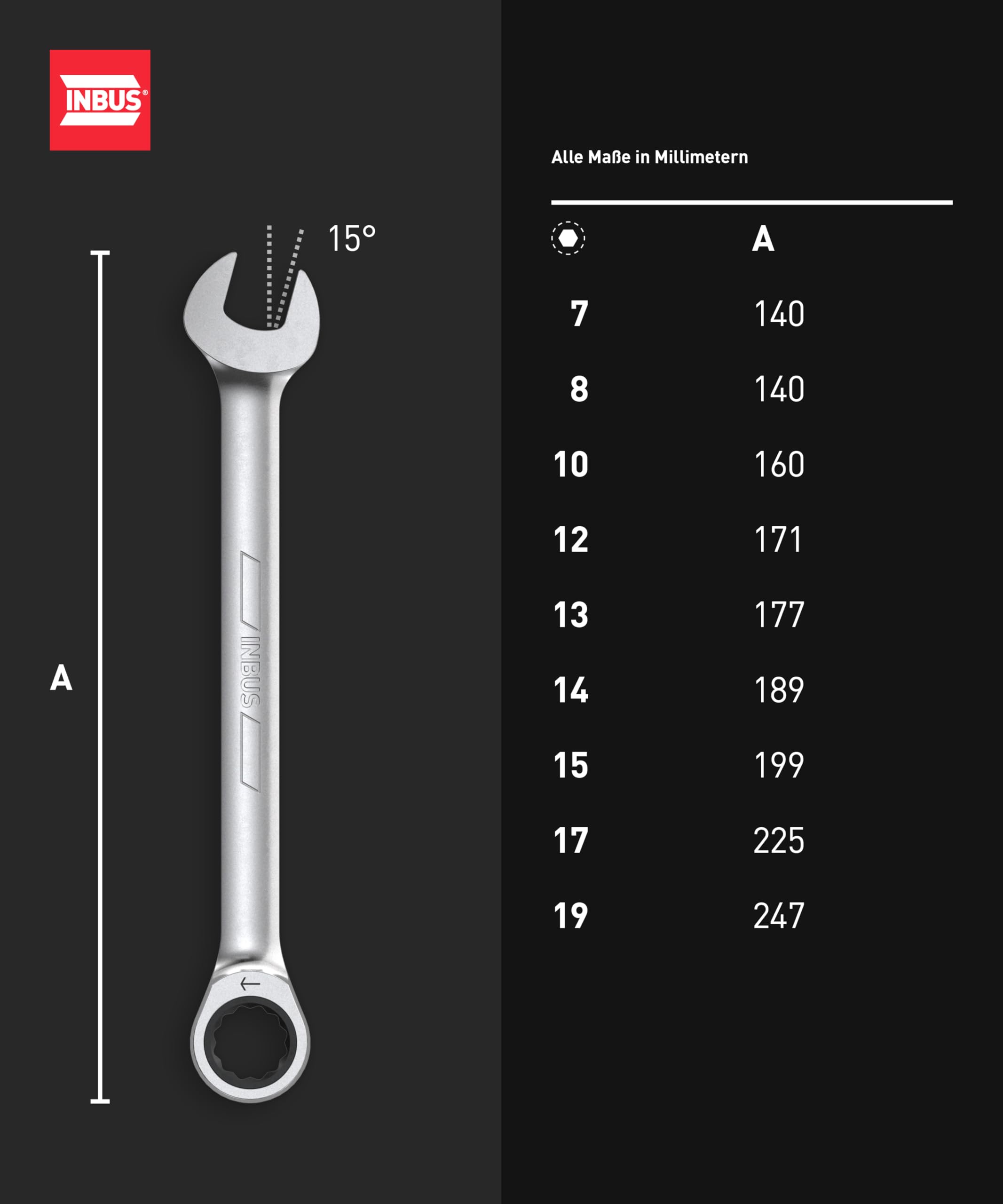 INBUS® 74377 Maul-Ringratschenschlüssel Set 9tlg, 7–19mm 9