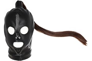 Black PU leather hood, 3-hole full-face wig masked blindfold, role-playing headgear