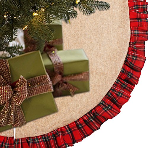 EDLDECCO 48 inch Christmas Tree Skirt Pastoral Style Plaid Black Buffalo Check Ruffle Edge Burlap Tree Skirt a Fine Decoration Gift for Home and Holiday Party