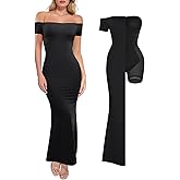 Popilush Shapewear Dress Off Shoulder Formal Dresses for Women Short Sleeve Bodycon Maxi Dress Built in Bra