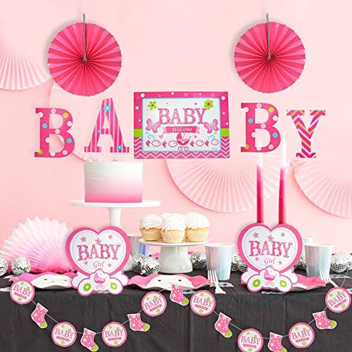 Baby Shower Decorations for Girl Kit , Banner , Large Pink Fans , Baby Desk Decor Prefect for Baby Shower Birthday Party Supplies by Friday Night