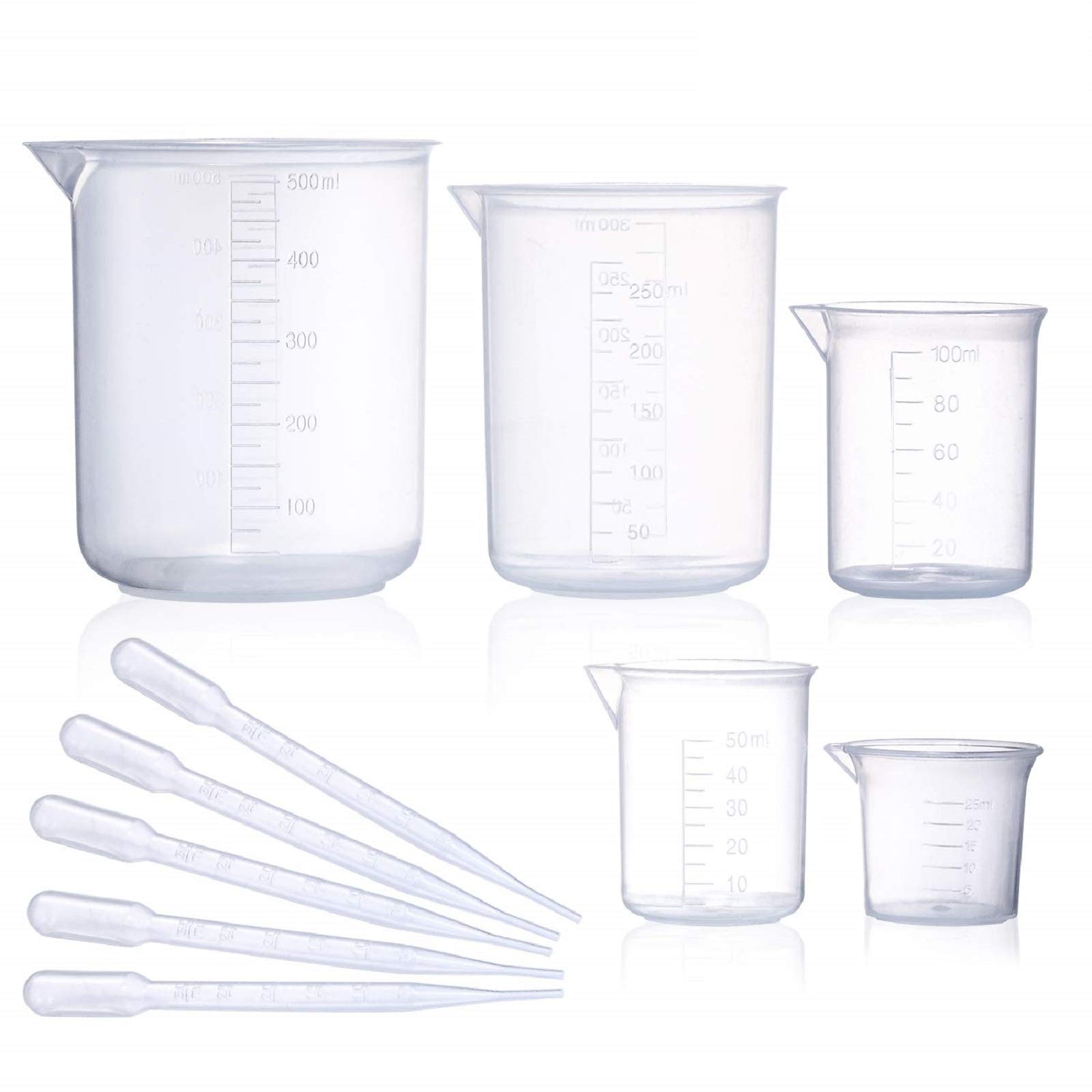 Plastic Beaker Set, 5 Sizes Low Form Measuring Graduated Griffin Polypropylene Beakers in 500 ml, 250 ml, 100 ml, 50 ml, 25 ml for Laboratory, Science Experiments with 5 Plastic Droppers in 3 ml