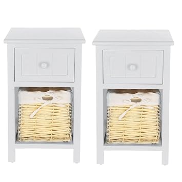 Pethot 2pcs Bedside Tables With Shabby Chic Wicker Basket Unit