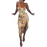 xxxiticat Women's Ruched Abstract Print Satin Dress Sleeveless Spaghetti Straps Pineapple High Split Asymmetric Midi Dress